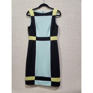 Maggy London Color Block Shift Dress Sz 12 Black, Teal‎ And Lime Green. Stretch